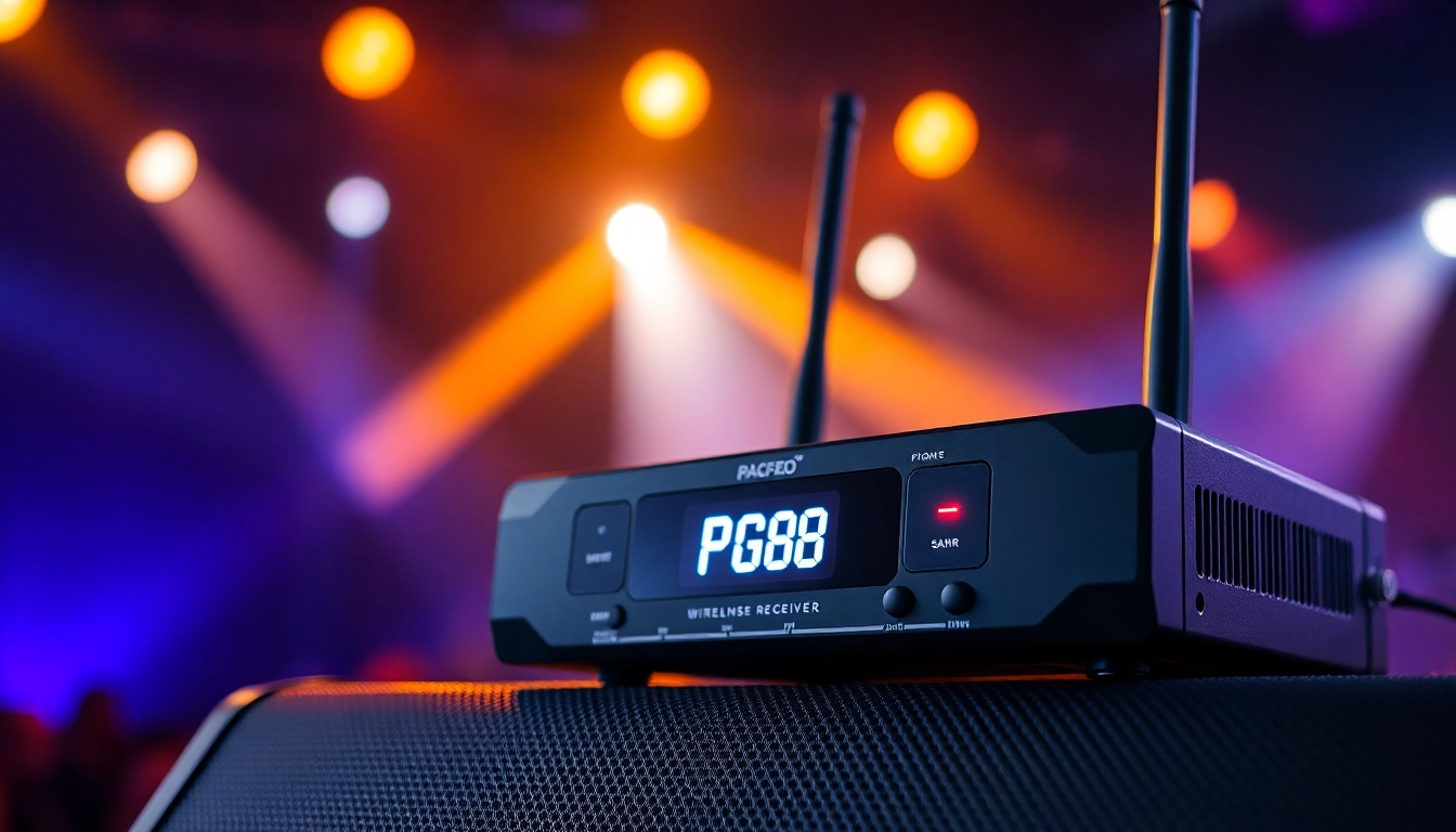 PG88 wireless microphone receiver with signal indicators and sleek design on stage setup, ideal for professional audio applications.