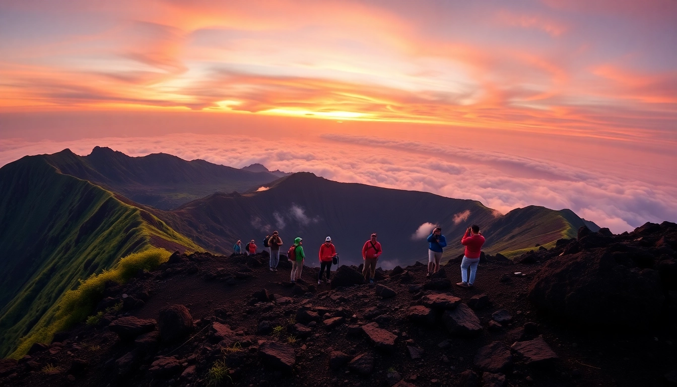 Hikers at sunrise on Mount Rinjani's crater rim with vibrant sky and lush surroundings.
