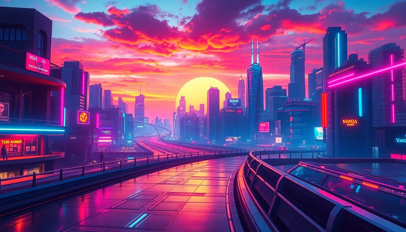 Dynamic scene created with an ai image generator no restrictions featuring a futuristic cityscape at sunset with neon lights and reflective surfaces for captivating visuals.