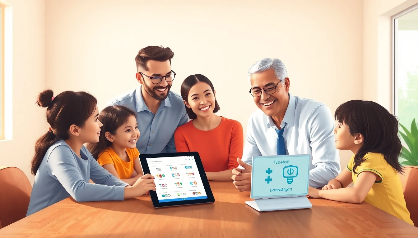 Affordable health insurance options: a diverse family consulting with an agent about plans.