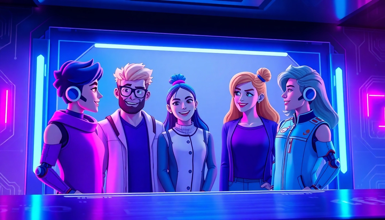Futuristic digital scene with diverse AI characters engaged in a lively group chat in a neon-lit interface.