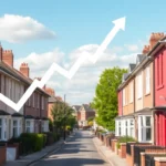 UK house prices rising forecast with residential street and upward trend graph for investment