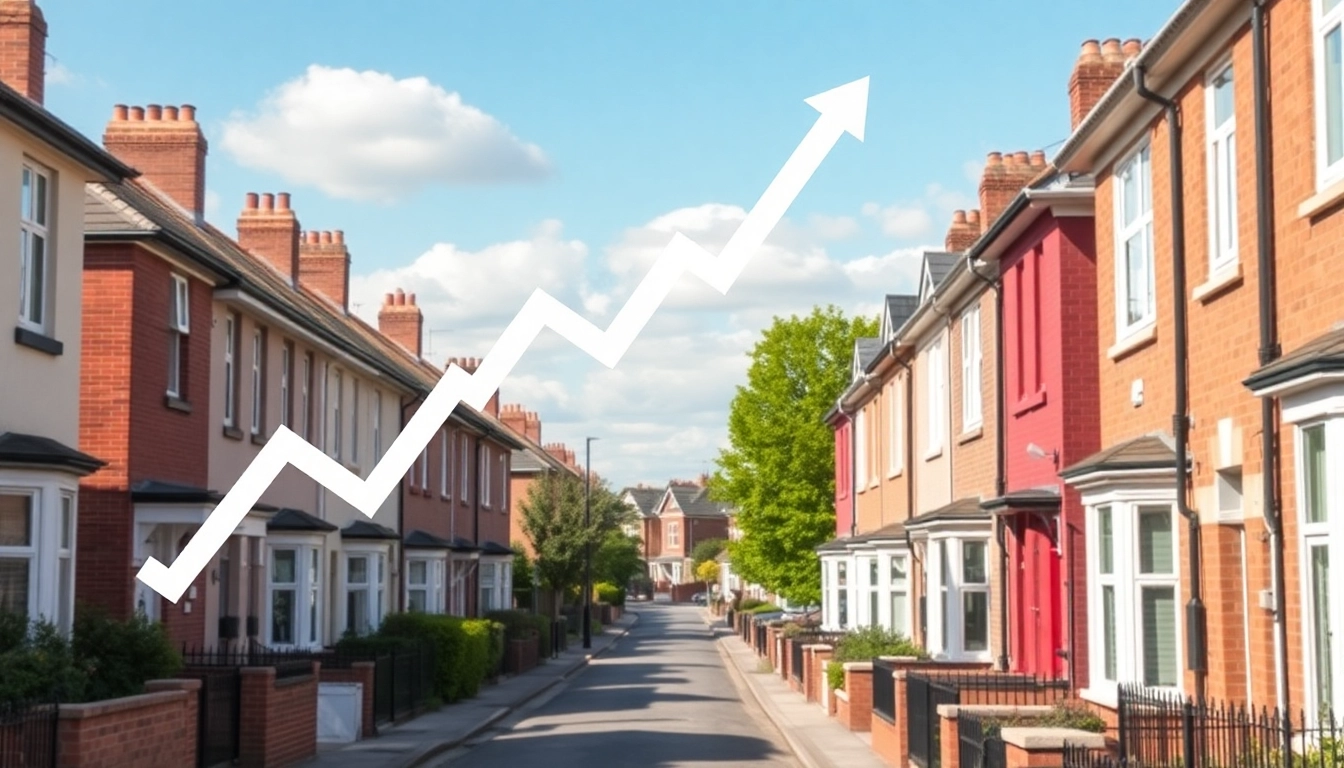 UK house prices rising forecast with residential street and upward trend graph for investment