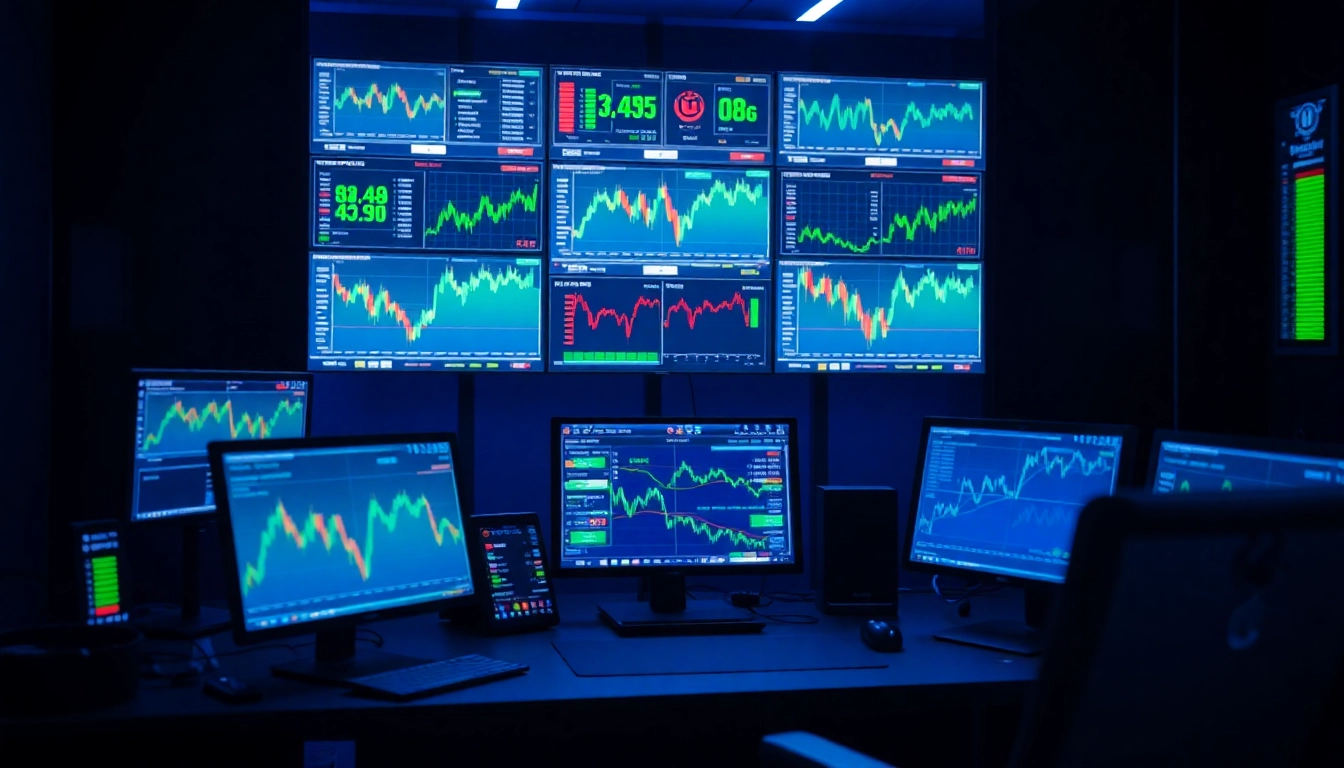 Professional analyst explaining stock market news with real-time data on multiple screens